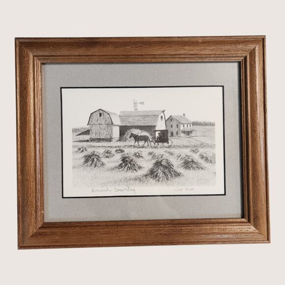 other Other - Vintage Amish Country Pencil Drawing Print Signed JO K0 10x12 Barn Horse Buggy